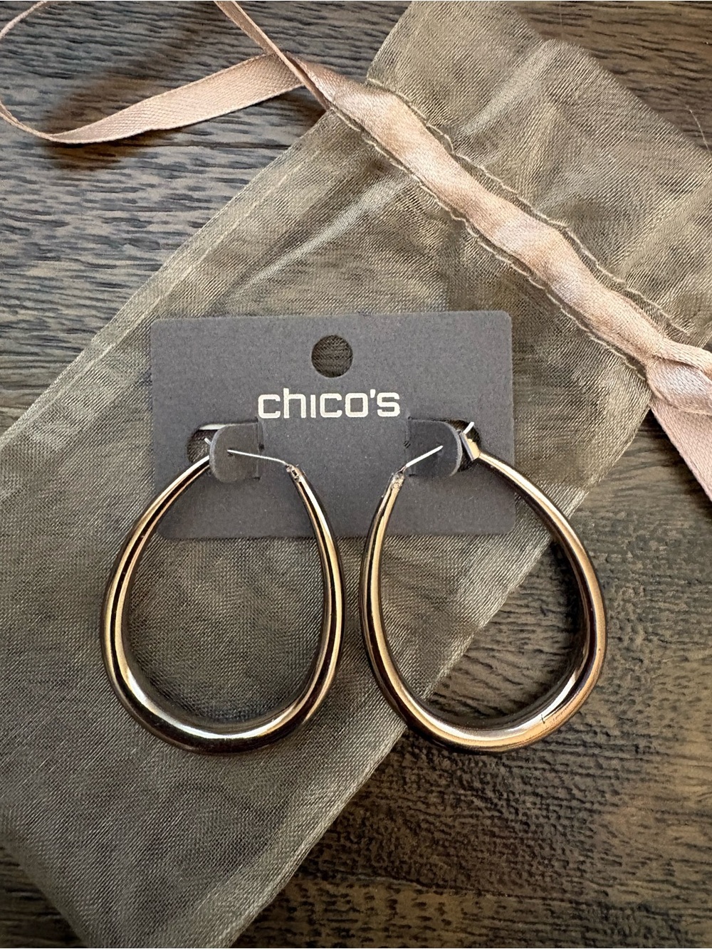 Chico's Shiny Gunmetal Teardrop Hoop Earrings